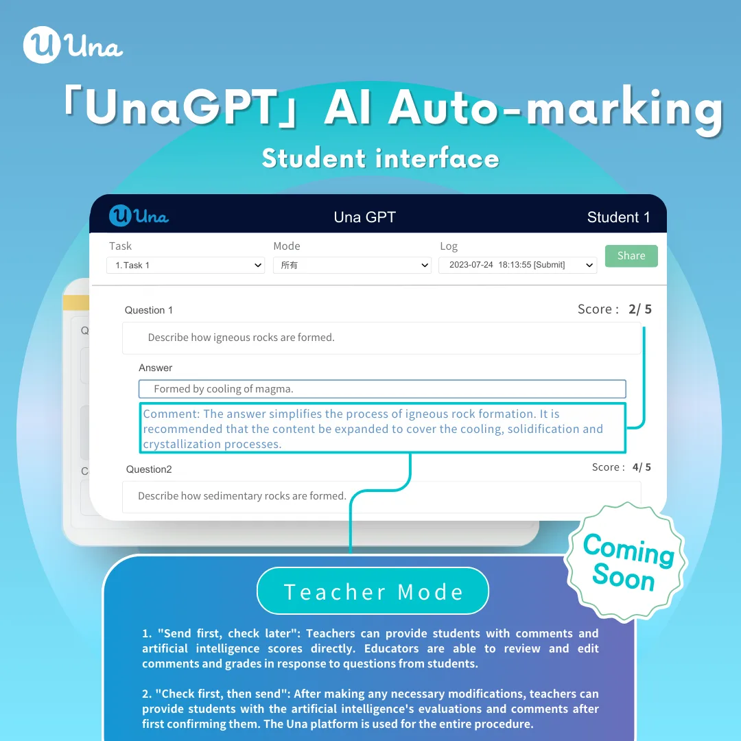 "UnaGPT" AI auto marking system will be available soon. Schools are kindly welcome to apply for a trial period (Ended).