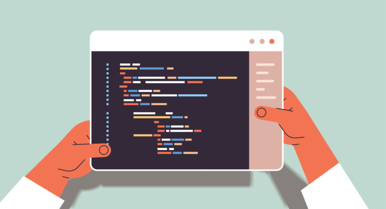 web developer hands using tablet pc creating program code development of software and programming concept vector illustration